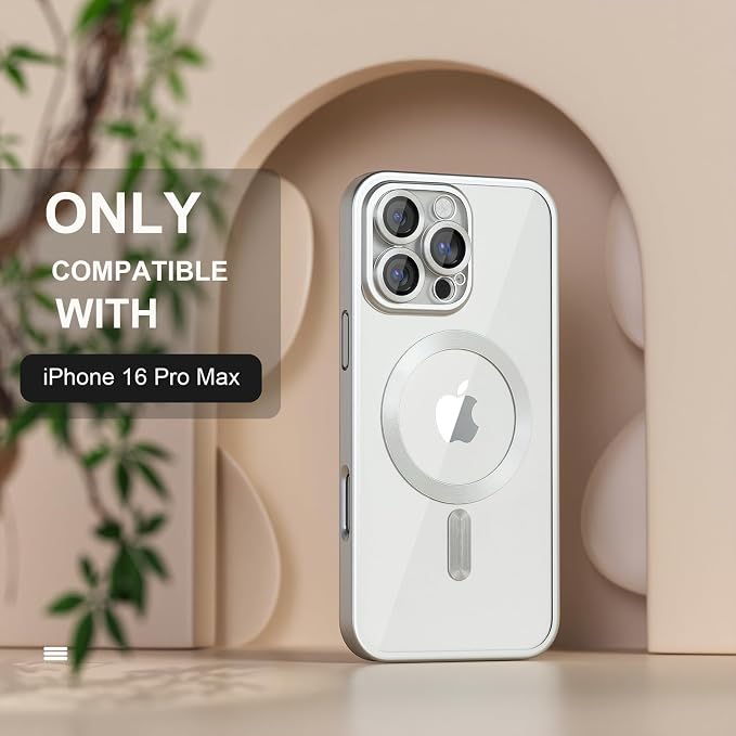 Misea Magnetic for iPhone 16 Pro Max Case Compatible with MagSafe [Never Yellowing] [Military Grade Drop Protection] Full Camera Lens Protector Plating Soft Clear Phone Case for Women, Titanium Silver