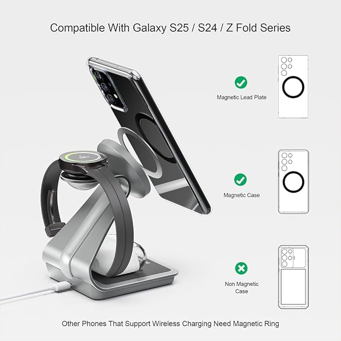 Wireless Charger for Samsung: Magnetic 3 in 1 Wireless Charging Station for Samsung S26 S25 S24 Ultra S23 S22, Aluminum Alloy Charger Dock Stand for Galaxy Watch Ultra 8/7/6/5/4, for Buds