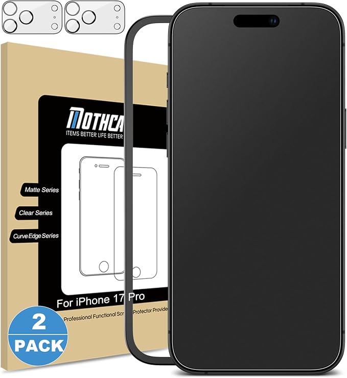 Mothca 2 Pack Matte Glass Screen Protector for iPhone 17 Pro [6.3 inch] + 2 Pack Camera Lens Protector, Anti-Glare & Anti-Fingerprint Tempered Glass (Not Privacy Film) Bubble Free, Smooth as Silk