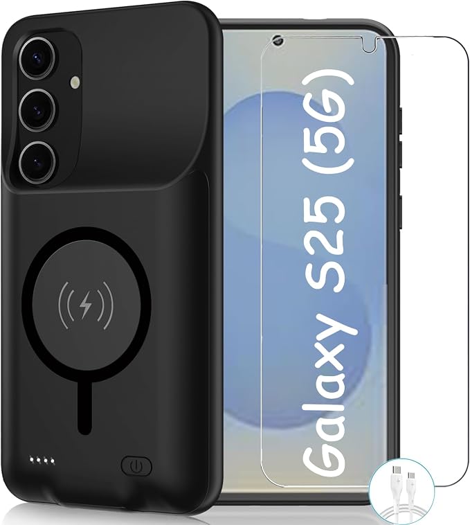 Battery Charging Case for Galaxy S25, 10000mAh High Capacity Portable Protective Battery Case Wireless Charging Compatible with Galaxy S25 (6.2 inch) Extended Battery Charger Cover (Black)