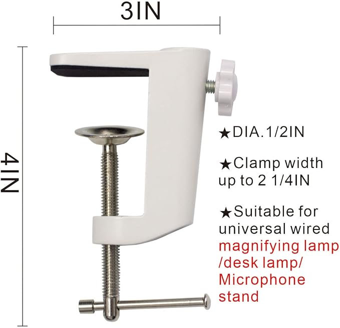 Replacement Heavy Duty C Clamp for 1/2” Base Magnifying Lamp,Desk Lamp,Swing Arm Lamp,Phone I pad Mount,Tablet Mic Holder,Table Mount Clamp for Microphone Stand Mic Boom Arm (ALU White)