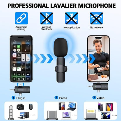 Mini Microphone,3 in 1 Wireless Lavalier Microphones for iPhone/iPad/Android/Camera(Lightning/USB/3.5 mm Jack),2 Pack Bluetooth Microphone with on Mute/Noise for Video Recording Vlog,Youtube,Tiktok