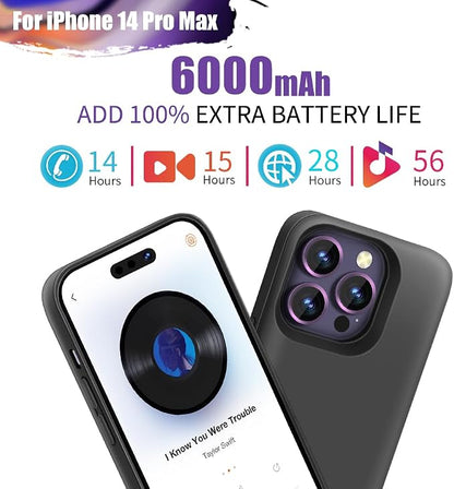 Battery Case for iPhone 14 Pro Max, 6000mAh Rechargeable Extended Battery Charging/Charger Case, Add 100% Extra Juice (6.7 Inches) Black