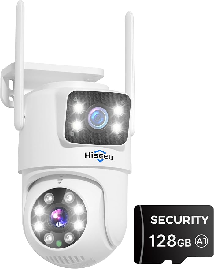 Hiseeu Wireless Security Camera Dual Lens PTZ Outdoor with 128GB SD Card, 2K WiFi-Pro 5G/ 2.4Ghz Surveillance Cameras, Color Night Vision, Plug-in Cable, Works with Wireless System