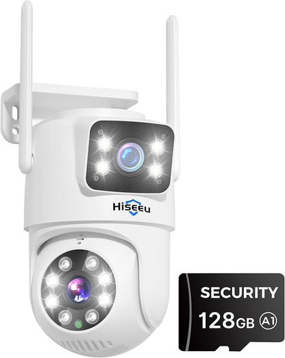 Hiseeu Wireless Security Camera Dual Lens PTZ Outdoor with 128GB SD Card, 2K WiFi-Pro 5G/ 2.4Ghz Surveillance Cameras, Color Night Vision, Plug-in Cable, Works with Wireless System