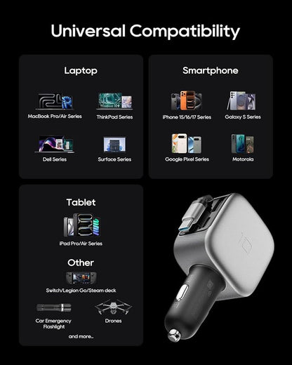 CUKTECH 85W Car Charger with Built-in Retractable Cable(2.3ft), 3-Port(2C1A) GaN Car Adapter, Smart LED Display, Power and Voltage Monitor, for MacBook, iPhone 17/16/15, Galaxy S26/25/S24, Pixel 10/9