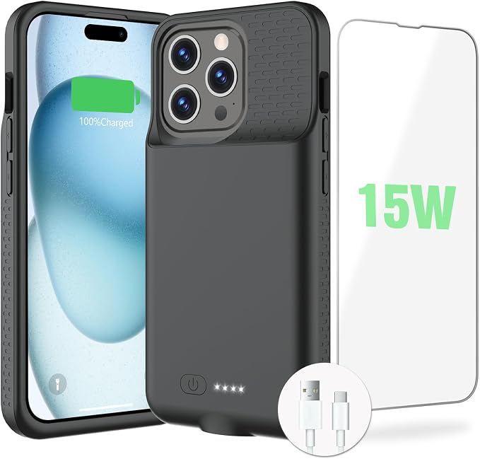 BOPPS Battery Case for iPhone 15 Pro Max/15 Plus【2026 New】 Slim 8000mAh Portable Charger Case 360°Protection Rechargeable Extended Charging case for iPhone 15 Pro Max，iPhone 15 Plus (Black)