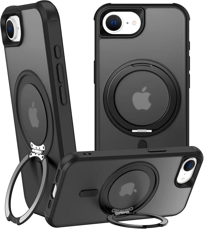 360° Magnetic Swivel Ring for iPhone 16E & 17E Case, Built-in Metal Stand and Ring Holder, Magsafe Compatible, Military Grade Protection, Shock Resistant - Black