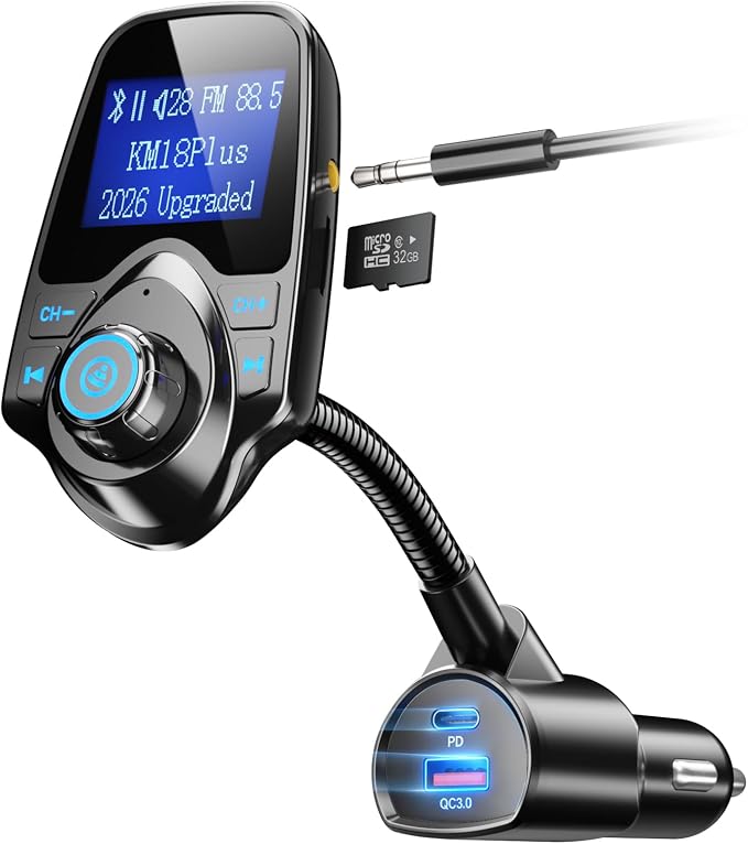 Nulaxy [2026 KM18 Upgraded Version] 48W Bluetooth 5.4 Car Adapter with Fasting Charging Ports [PD 30W & QC3.0 18W], Supports Hands-Free Call, 1.44" Screen Wireless Radio FM Transmitter, Black