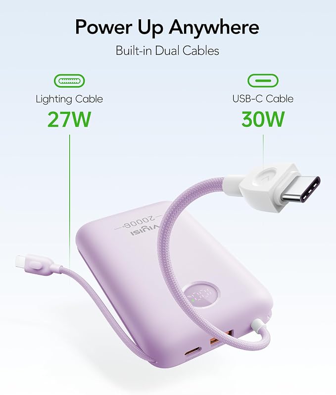 VIYISI Portable Charger 20000mAh 30W with Built-in Cables, Purple | LED Display, USB C&Lighting cables, Battery Pack for iPhone 17/16/15/14, Samsung, iPad and Android Phones, Travel