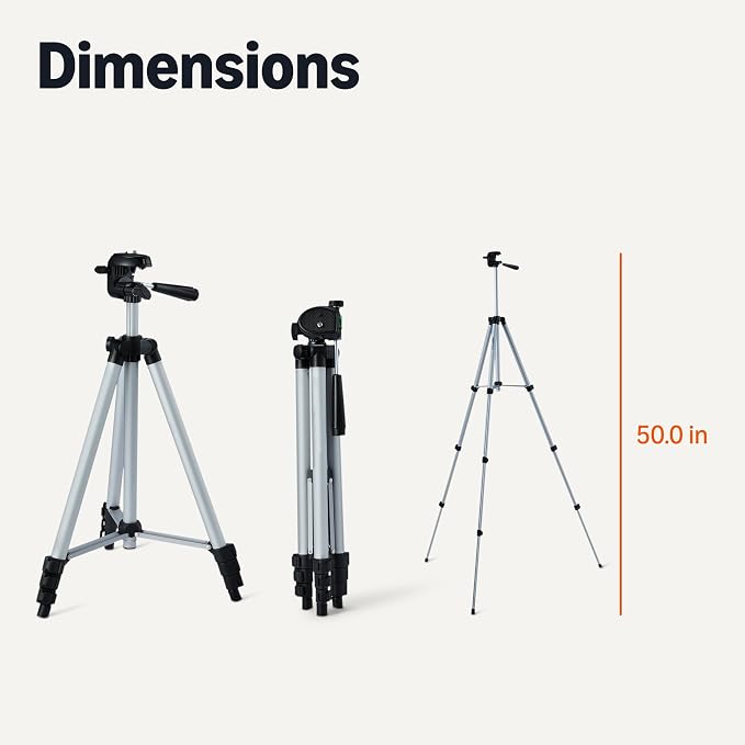 Amazon Basics 50" Lightweight Tripod for Camera and Phone with Travel Bag, Remote Control and Phone Holder, Height Adjustable, Aluminum, Silver