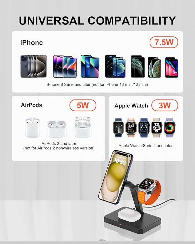 GEEKERA Magnetic 3 in 1 Wireless Charging Station, Fast Wireless Charger Stand Dock, Wireless Charger for iPhone 16/15/14/13/12 Pro Max, Apple Watch 10/9/8/7/6/SE/5/4/3/2, AirPods 4/3/2/Pro