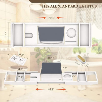Bathtub Caddy Tray for Luxury Bath - Bamboo Waterproof Expandable Bath Table Over Tub with Wine and Book Holder and Free Soap Dish (White)