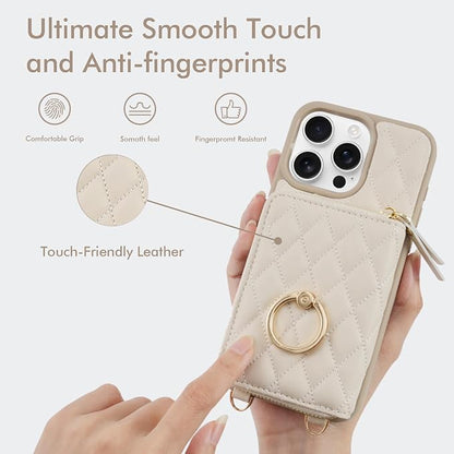 ZVE for iPhone 16 Pro Case Wallet for Women, Crossbody Case with Wrist Strap Protective Leather Lanyard Case with Ring Holder Flip Cover 6.3 Inch-Beige