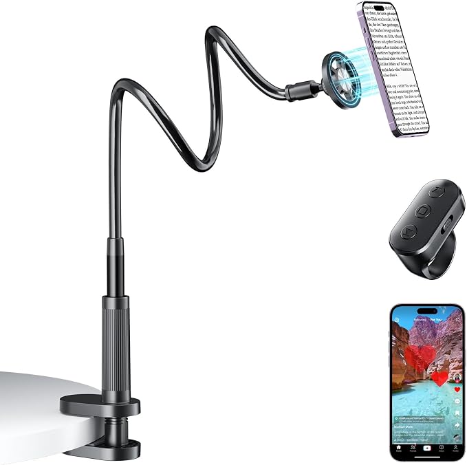 Magnetic Phone Holder for Bed Laying Down with Page Turner, Gooseneck Cell Phone Stand with Reading Clicker, 360°Flexible Long Arm Mount with Wireless Scrolling Ring for Titok iPhone Android.