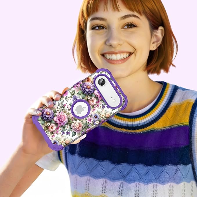 Hocase for iPhone Air Case 6.5", Heavy Duty Shockproof Protection Soft Silicone Rubber+Hard Plastic Bumpers Hybrid Protective Case for iPhone Air 2025 - Purple Pink Flowers