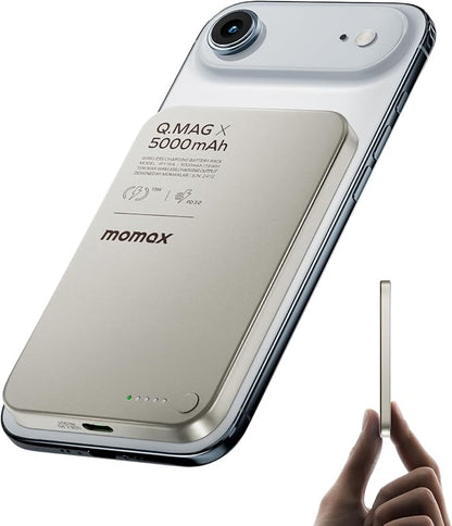 MOMAX Magnetic Wireless Power Bank 5000mAh, Ultra-Slim 0.3" MagSafe-Compatible Portable Charger, 20W USB-C PD Fast Charging, for iPhone 17/16/15/14/13/12 Series, Samsung Galaxy & Google Pixel