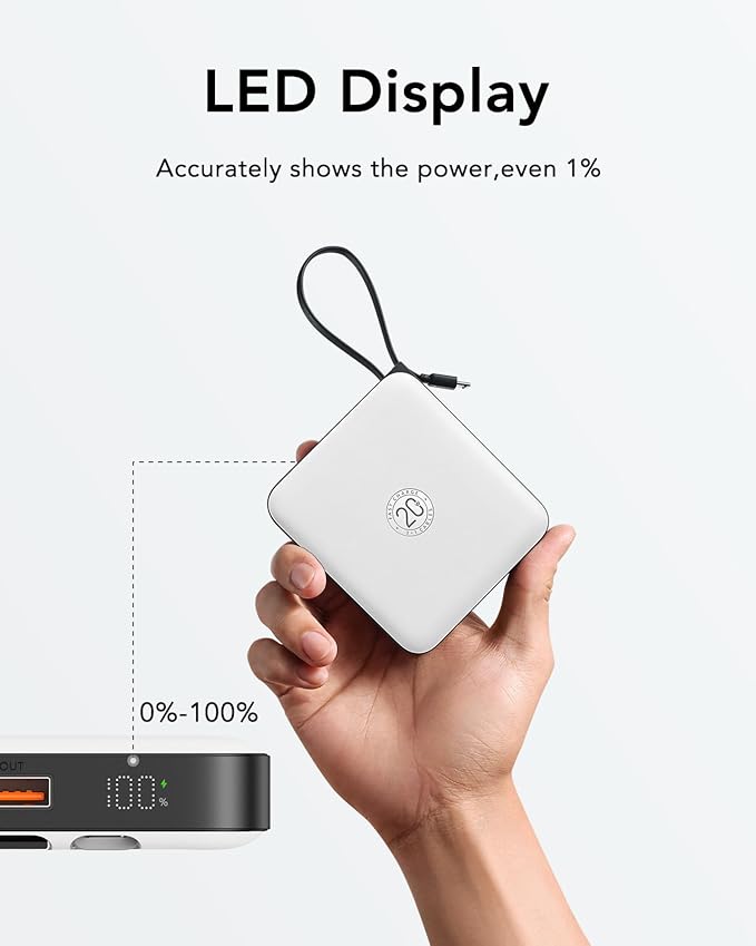 VRURC Portable Charger with Built-in Cable, 10000mAh 22.5W Fast Charging USB C Battery Pack, Cell Phone Power Bank for iPhone 17 16 15 Series Android Tablet (White)
