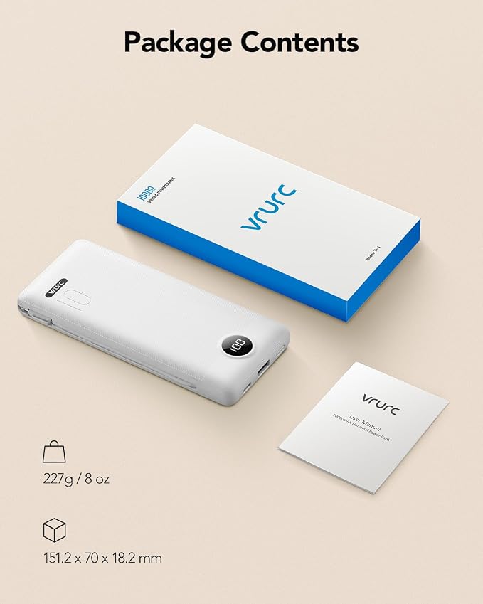 VRURC Portable Charger, Power Bank Built-in Cables and AC Wall Plug | USB C Power Bank 10000mAh Travel Essentials Phone Charger Compact External Battery Pack For Smart Phones, Tablets etc-White