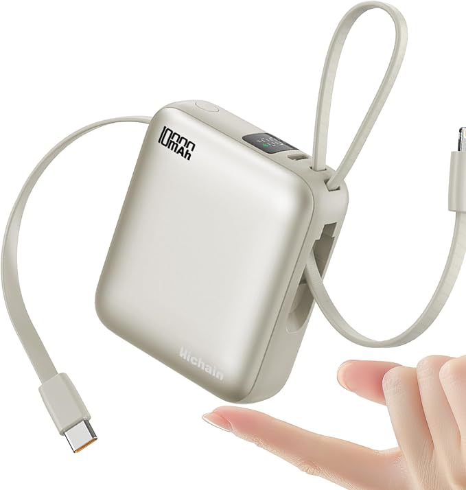 Hichain Small Portable Charger with Built in Cables LED Display Gold | Mini Power Bank 10000mAh 22.5W USB-C Fast Charging Battery Pack, Travel Essential Power Bank for iPhone, Samsung, Android