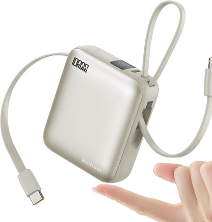 Hichain Small Portable Charger with Built in Cables LED Display Gold | Mini Power Bank 10000mAh 22.5W USB-C Fast Charging Battery Pack, Travel Essential Power Bank for iPhone, Samsung, Android