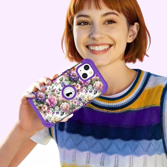 Hocase for iPhone 15 Plus Case, Heavy Duty Shockproof Protection Soft Silicone Rubber Bumper+Hard Plastic Hybrid Protective Case for iPhone 15 Plus 6.7" 2023 - Purple Pink Flowers