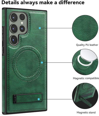 Case for Samsung Galaxy S25 Ultra/S25 Plus/S25,Magnetic Wireless Charging Phone Case with Fold Kickstand Slim Leather Cover (Green,S25ULTRA)
