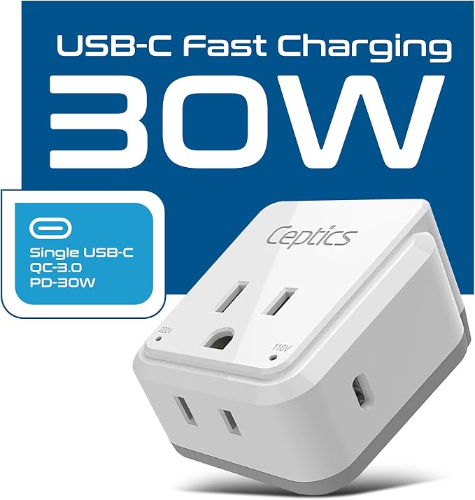 Ceptics European Plug Adapter, Safe USB-C 30W PD & QC 3.0-2 USA Socket - Compact & Powerful - Use in Greece, Italy, Switzerland, Turkey, Portugal - Includes Type C Swadapt Attachment