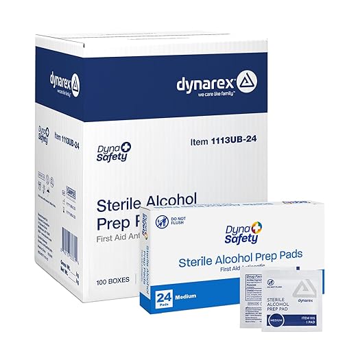 Dynarex DynaSafety Sterile Alcohol Prep Pads - Medium - 70% Isopropyl Alcohol, Individually Wrapped, Soft Cleaning Wipes - Case of 100 Boxes, 24 per Box