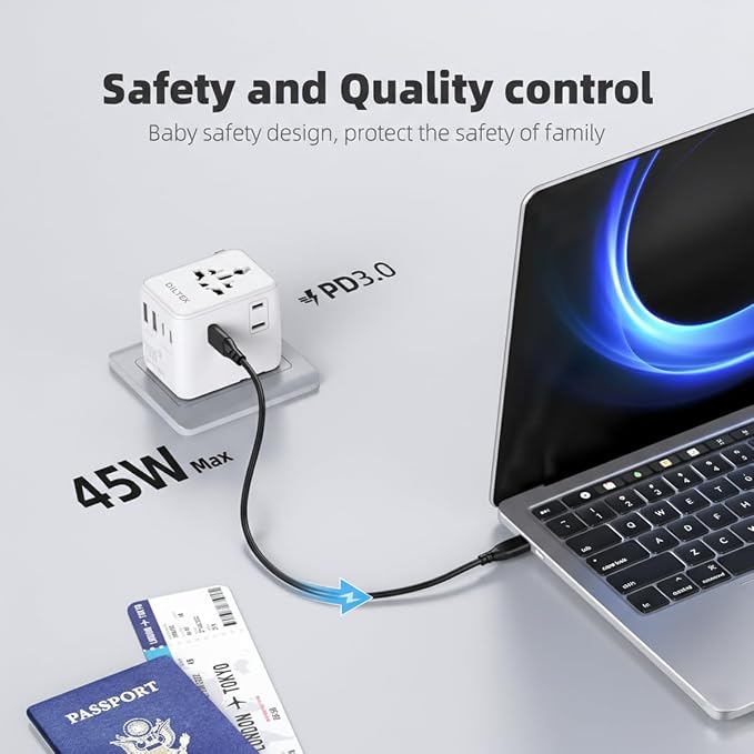 45W Universal Travel Adapter with Multi USB-A & C Ports - All in One Travel Adapter for Charging in Hotels Airports & Cruises- Plug Adapter Safe for Phones & Cameras- Reliable Choice for Daily Travel