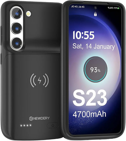 NEWDERY Battery Case for Samsung Galaxy S23, Qi Wireless Charging, Fast Charging, Sync Data Supported, 4700mAh Ultra Slim Portable Rechargeble Charger Case for S23 6.1" Black（Not for S23 Ultra/Plus