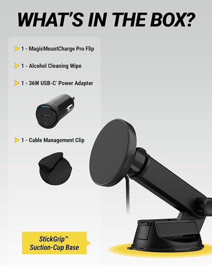 Scosche MPQTRWDA Qi2 MagSafe Car Mount Charger 25W Fast Wireless Magnetic Cell Phone Holder with Adjustable Arm for Windshield or Dashboard Compatible with iPhone 17/16/15/14/13/12 & Samsung S25