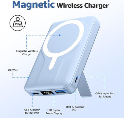 Azmuth Magnetic Power Bank,10000mAh for MagSafe Battery Pack, 22.5W PD Fast Charging,LED Display & Foldable Stand Wireless Portable Charger for iPhone 17/16/15/14/13/12/Pro/Pro Max/Plus,Light Blue