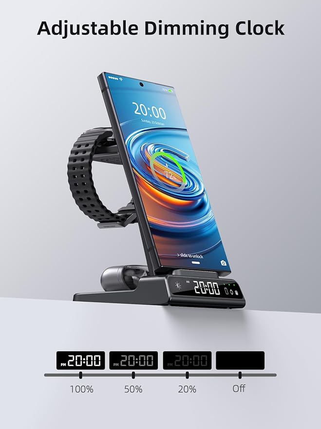 Wireless Charger Samsung Charging Station: 3 in 1 Android Charging Stand with Dimmable Clock - Nightstand Organizer for Galaxy S25 Ultra S24, Galaxy Watch 8 7 6 5 4, Galaxy Buds, Space-Saving Charger