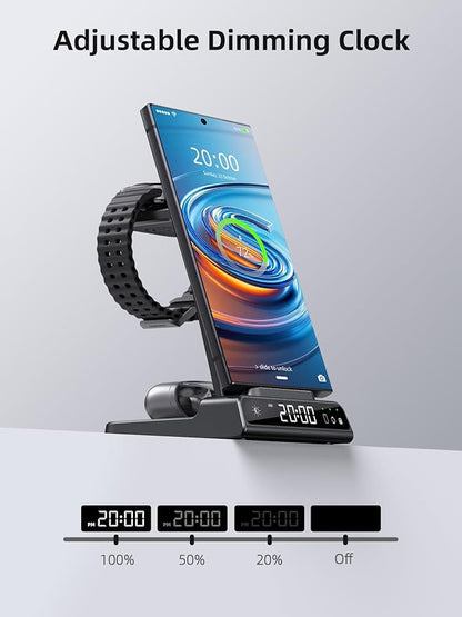 Wireless Charger Samsung Charging Station: 3 in 1 Android Charging Stand with Dimmable Clock - Nightstand Organizer for Galaxy S25 Ultra S24, Galaxy Watch 8 7 6 5 4, Galaxy Buds, Space-Saving Charger