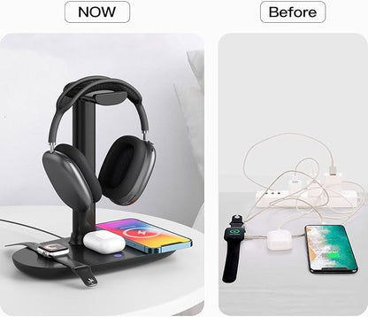 Headphone Stand with 15w Wireless Charger, Suguder 4 in 1 Charging Station Headset Holder for AirPods Max/Pro/4/3/2 iWatch 10/9/8/7/6/5/4/3/2/1/SE iPhone 17/16/15/14/13/12/11/X for Desktop Table Game