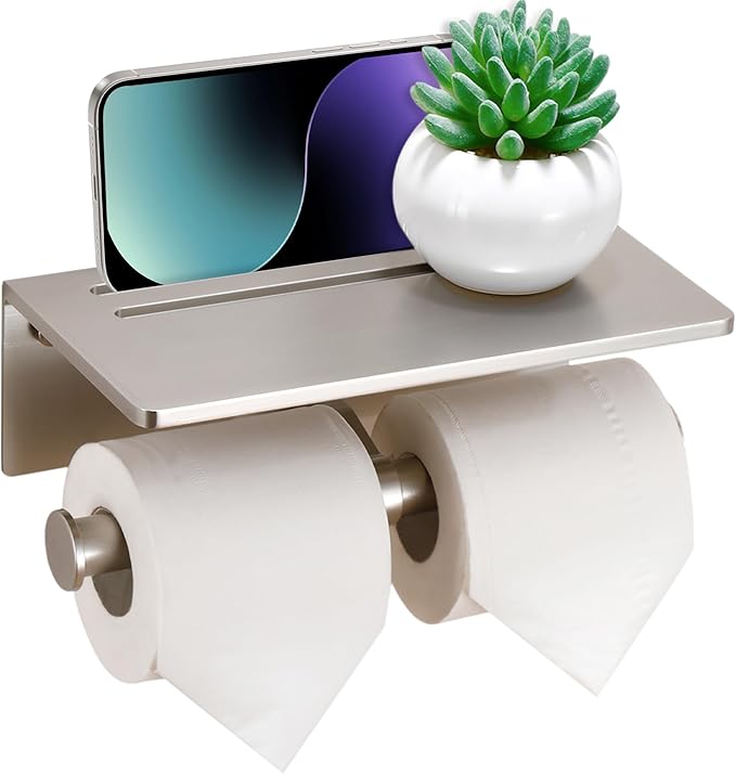 Toilet Paper Holder - Aluminium Double Roll Toilet Tissue Holder with Mobile Phone Shelf for Bathroom, 3M Self Adhesive No Drilling or Wall-Mounted, Rustproof Modern Style Brushed Nickel