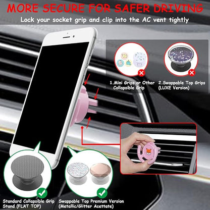 Car Vent Mount Holder 2 Pack - Compatible with Popsocket - Car Mount Made for Pop Socket Grips Collapsible Phone Holder for Pop Mount with Secure AC Vent Clip, Horizontal Air Vent ONLY (Pink)