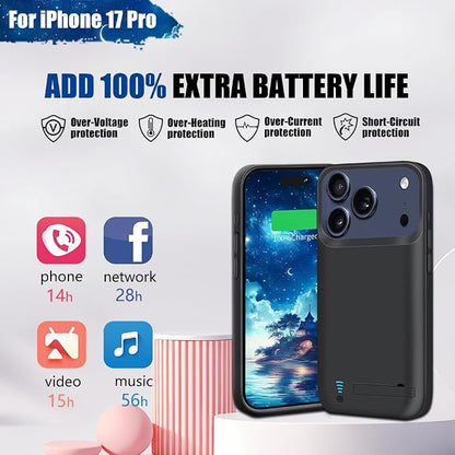 Battery Case for iPhone 17 Pro, 5000mAh Rechargeable Extended Battery Charging/Charger Case, Add 100% Extra Juice (6.3 Inches) Black