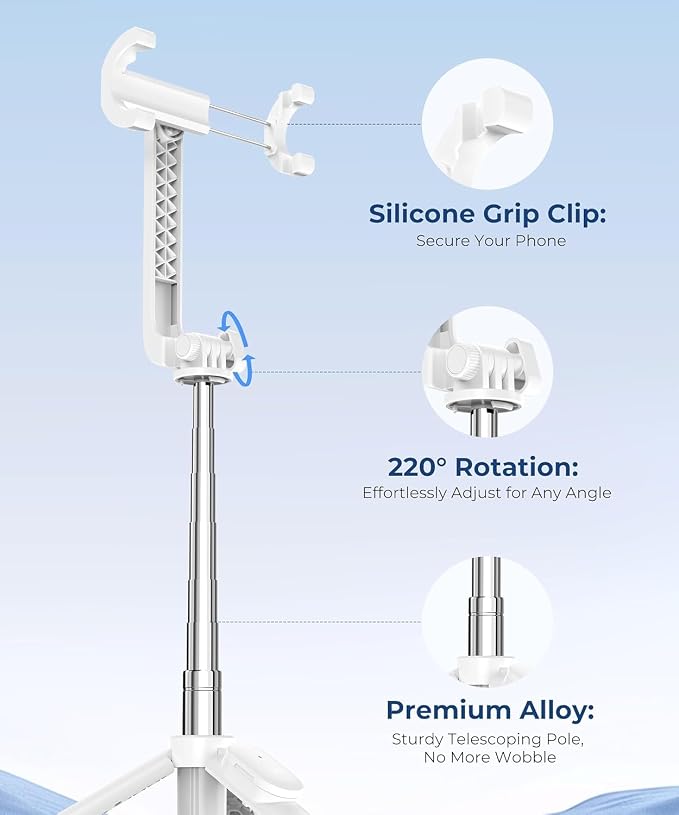67‘’ Selfie Stick, Phone Tripod with Wireless Remote Control, Portable Selfie Stick Tripod for Photograph, Live Streaming, Video Recording, Compatible with All Cell Phones, White
