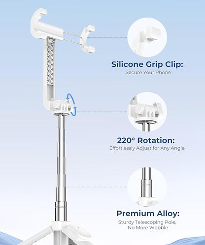 67‘’ Selfie Stick, Phone Tripod with Wireless Remote Control, Portable Selfie Stick Tripod for Photograph, Live Streaming, Video Recording, Compatible with All Cell Phones, White