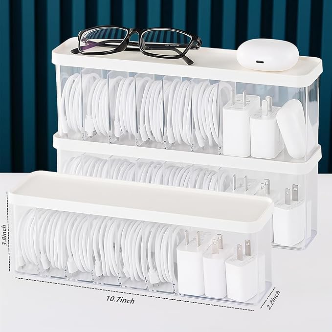 Charger Cable Cord Storage Organizer Box - Easy Storage Without Cable Ties - 3 Pack With Lid