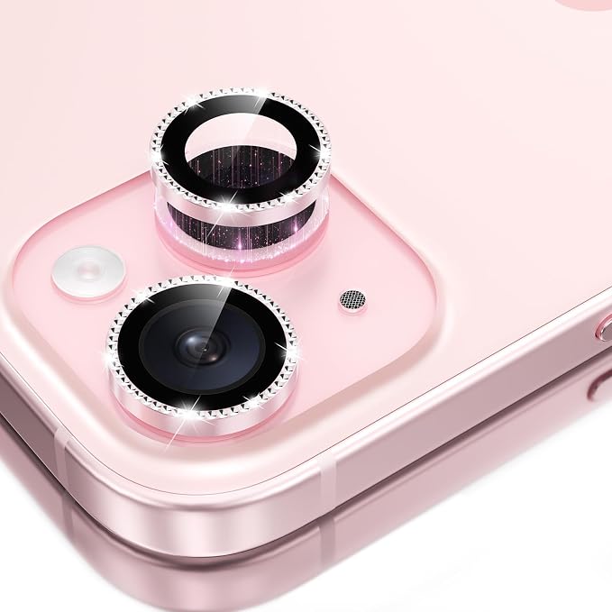 GolbinBox Camera Lens Protector for iPhone 15/15 Plus, 1:1 Invisible Fit, 9H Tempered Glass Ultra HD Metal Individual Camera Cover for Women, Case Friendly, Bling/Pink