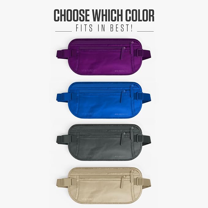 VENTURE 4TH Money Belt for Travel – Hidden Under-Clothes RFID Blocking Passport Holder & Slim Travel Wallet Pouch for Men & Women to Protect Cash, Cards & Documents (Sleek Purple)