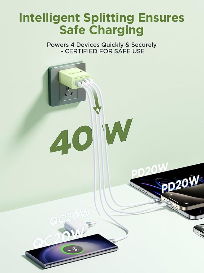 USB C Charger Block, 40W 4-Port Fast Charger 20W Type C Charging Block 3.1A USB Wall Charger Dual Port PD+QC Charging Cube for iPhone 17 16 15 14 13 12 Pro Max XS, iPad, Samsung Phone (Green)