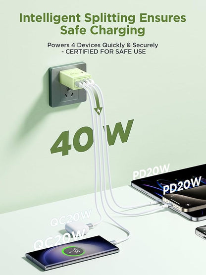 USB C Charger Block, 40W 4-Port Fast Charger 20W Type C Charging Block 3.1A USB Wall Charger Dual Port PD+QC Charging Cube for iPhone 17 16 15 14 13 12 Pro Max XS, iPad, Samsung Phone (Green)
