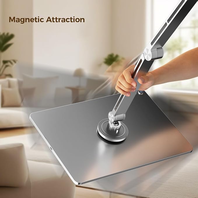 Tablet Stand for Desk, iPad Desk Mount, Magnetic Tablet Holder for Desk, Foldable Phone Arm Mount with 360° Adjustable Rotatable, Phone Holder iPad Stand Fits for 4.7-15.6" Screen (Sliver)