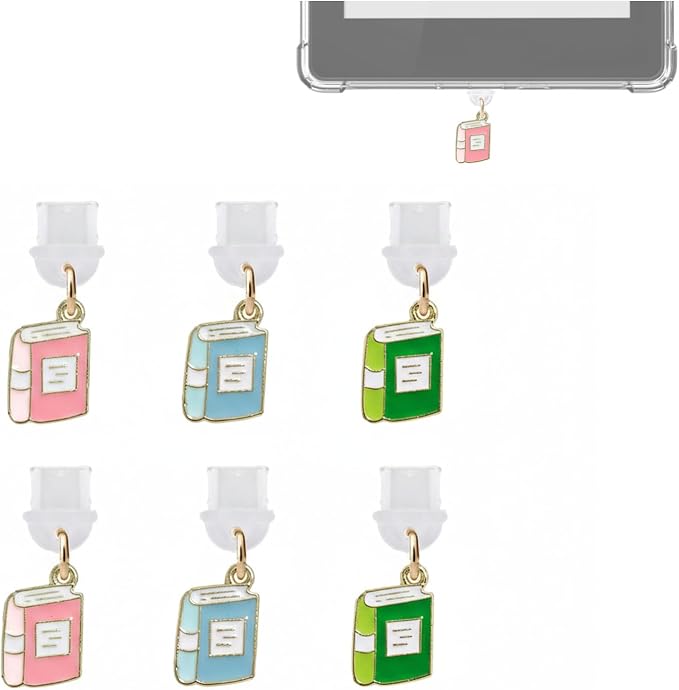 6pcs Cute Book Dust Plug Charms for USB-C (Type-C) Devices, Alloy Enamel Port Protector Covers, Mini Anti-Dust Stopper Phone Charms for Smartphones, Tablets & Electronic Readers - Multicolor