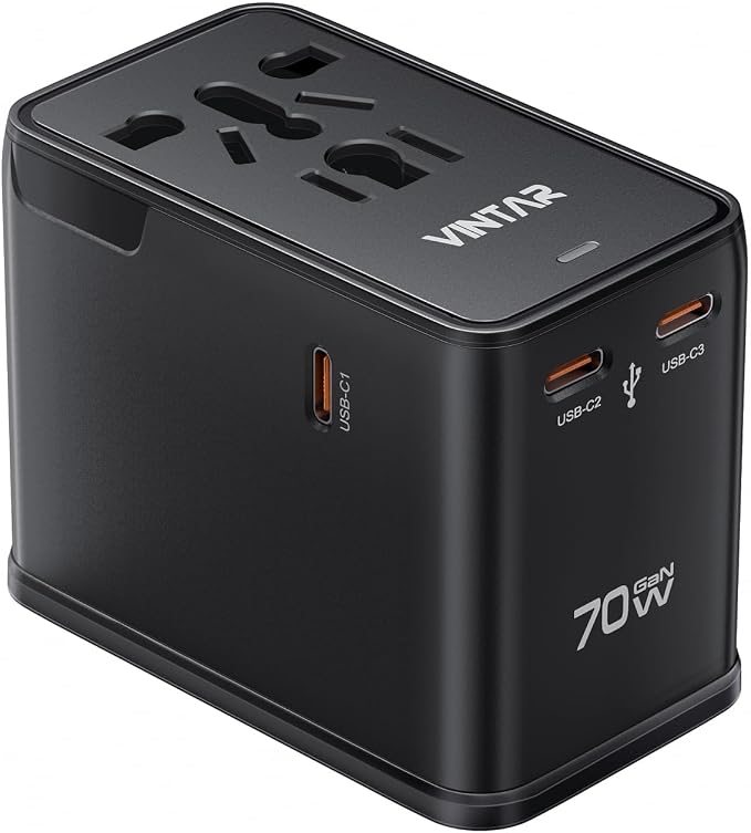 VINTAR 70W GaN Universal Travel Adapter, 5 in 1 with 3 USB-C PD& 1 USB-A QC | International Power Adapter, GaN Fast Charging with Compact Design, All-in-One Travel Essentials for UK/EU/US/AUS, Black