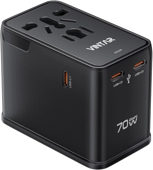 VINTAR 70W GaN Universal Travel Adapter, 5 in 1 with 3 USB-C PD& 1 USB-A QC | International Power Adapter, GaN Fast Charging with Compact Design, All-in-One Travel Essentials for UK/EU/US/AUS, Black